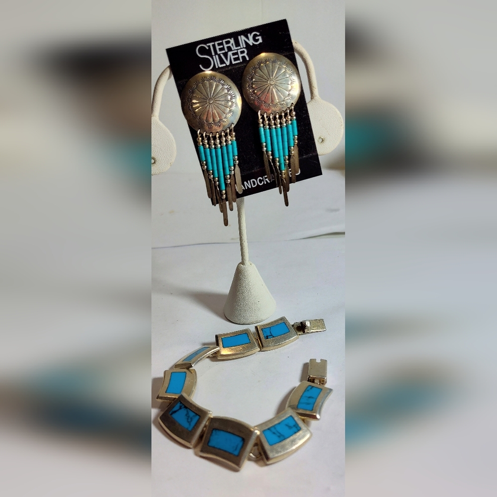 925 Silver Hi and Turquoise Blue Geometric Bracelet Earrings